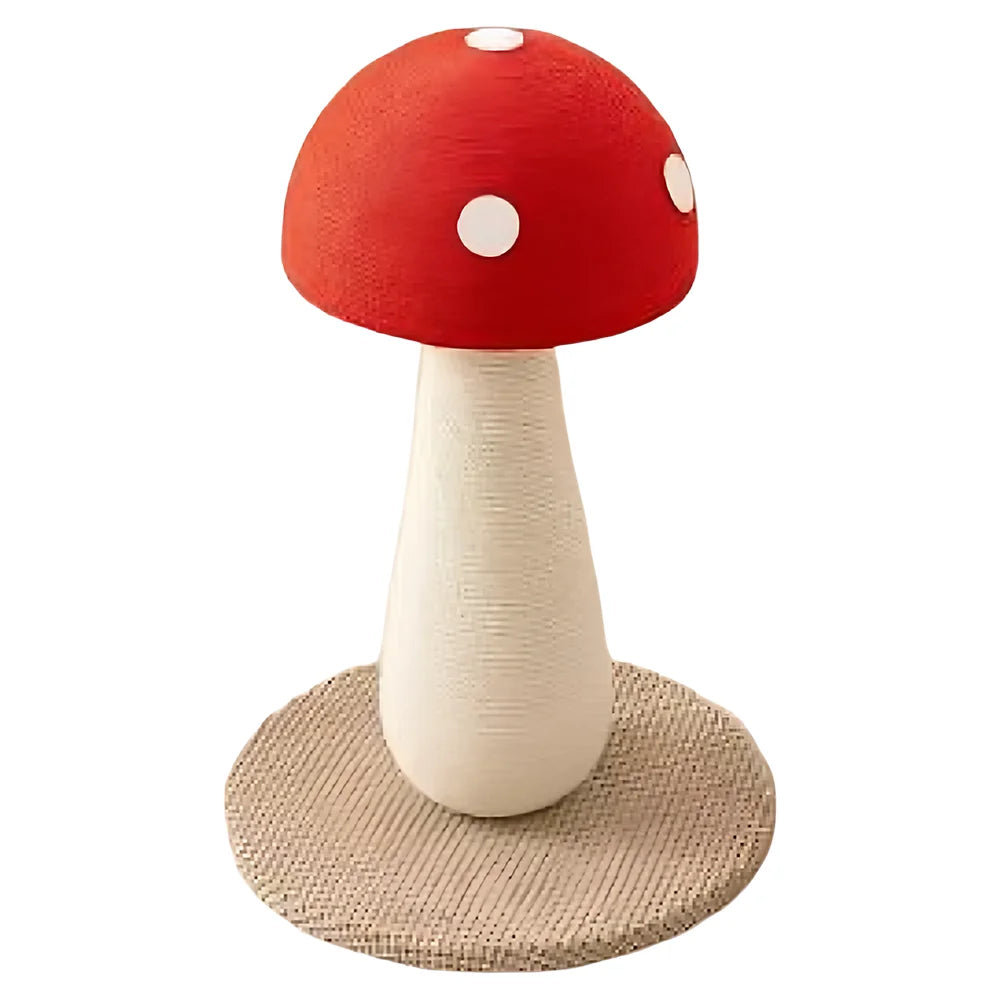 Palo tiragraffi per gatti a forma di fungo rosso con colonna in sisal bianco e base circolare robusta, altezza 54 cm, ideale per la cura delle unghie e come gioco d'arredo.