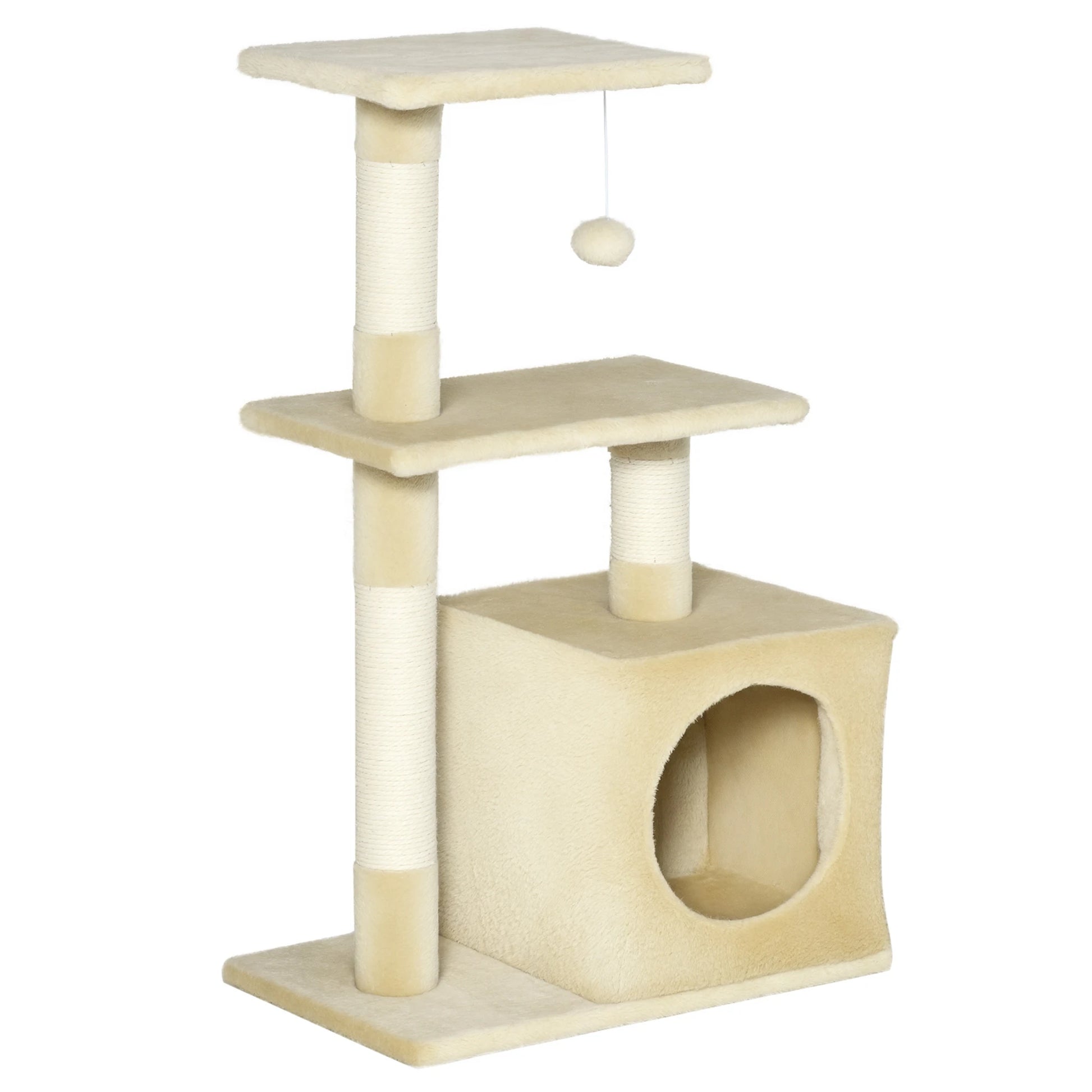 Tiragraffi beige PawHut per gatti alto 81,5 cm con cuccia morbida, tre piattaforme panoramiche e pali in sisal naturale per le unghie.