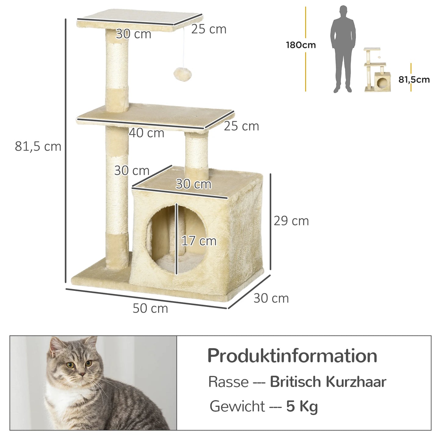 Tiragraffi beige PawHut per gatti alto 81,5 cm con cuccia morbida, tre piattaforme panoramiche e pali in sisal naturale per le unghie.