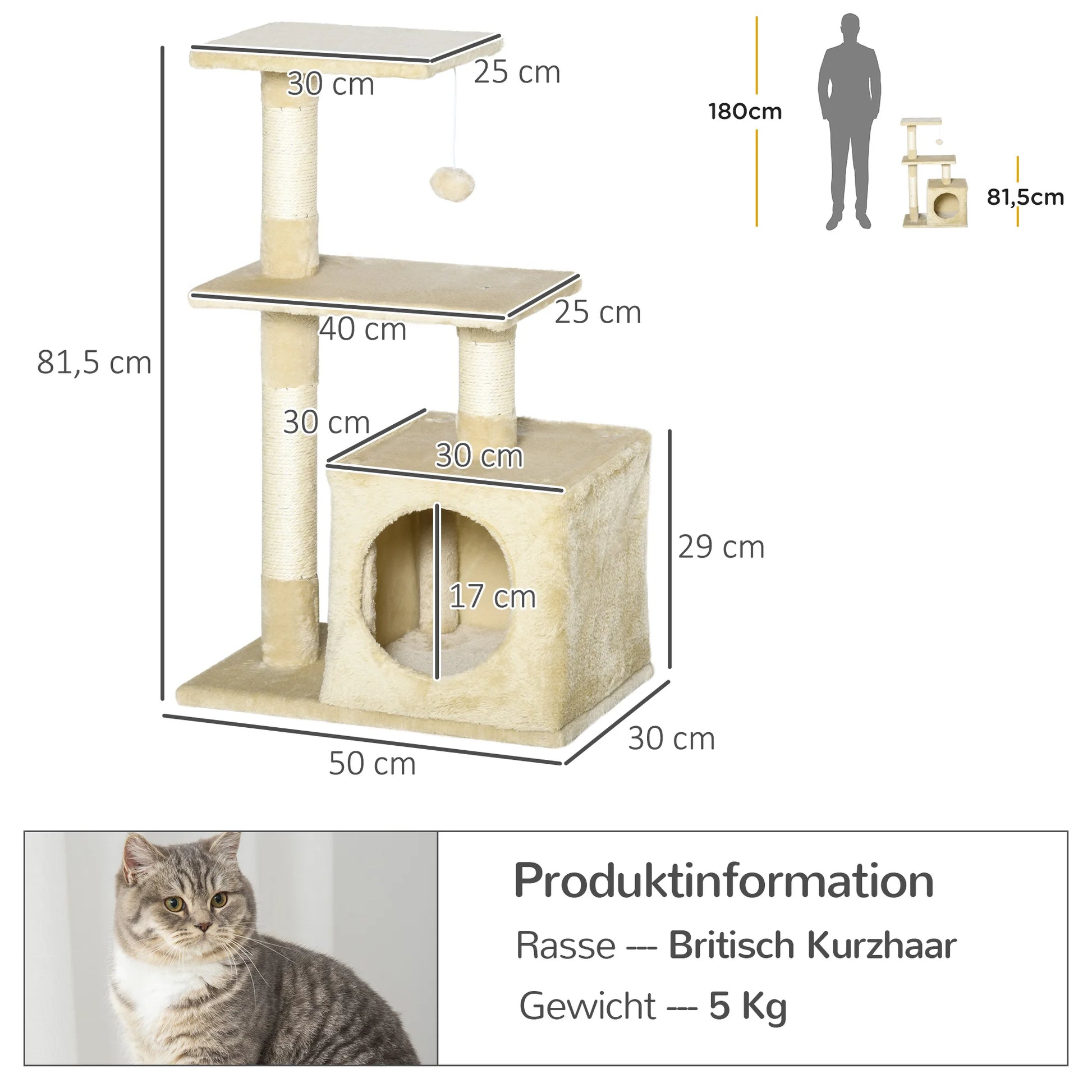 Tiragraffi beige PawHut per gatti alto 81,5 cm con cuccia morbida, tre piattaforme panoramiche e pali in sisal naturale per le unghie.