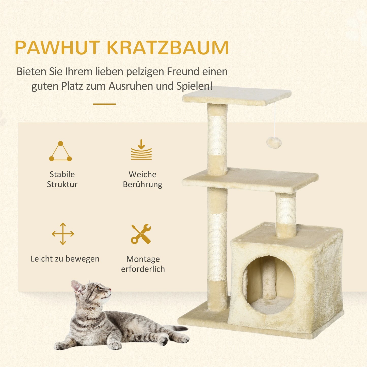 Tiragraffi beige PawHut per gatti alto 81,5 cm con cuccia morbida, tre piattaforme panoramiche e pali in sisal naturale per le unghie.