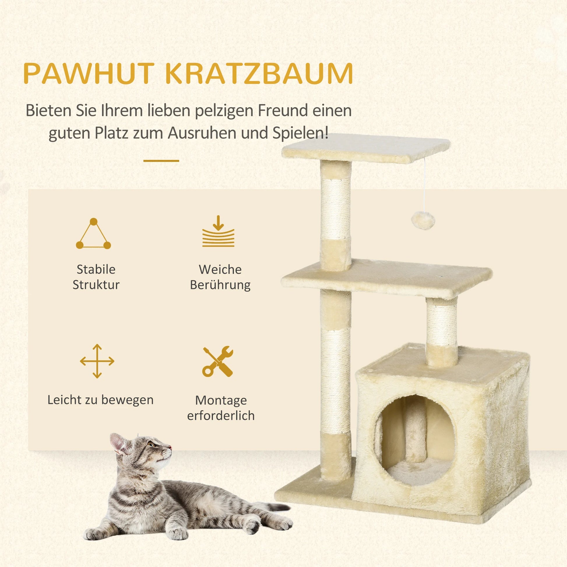 Tiragraffi beige PawHut per gatti alto 81,5 cm con cuccia morbida, tre piattaforme panoramiche e pali in sisal naturale per le unghie.