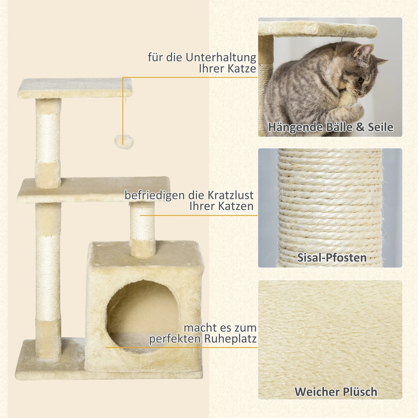 Tiragraffi beige PawHut per gatti alto 81,5 cm con cuccia morbida, tre piattaforme panoramiche e pali in sisal naturale per le unghie.