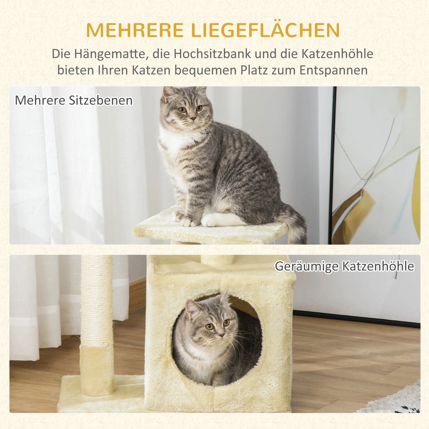 Tiragraffi beige PawHut per gatti alto 81,5 cm con cuccia morbida, tre piattaforme panoramiche e pali in sisal naturale per le unghie.
