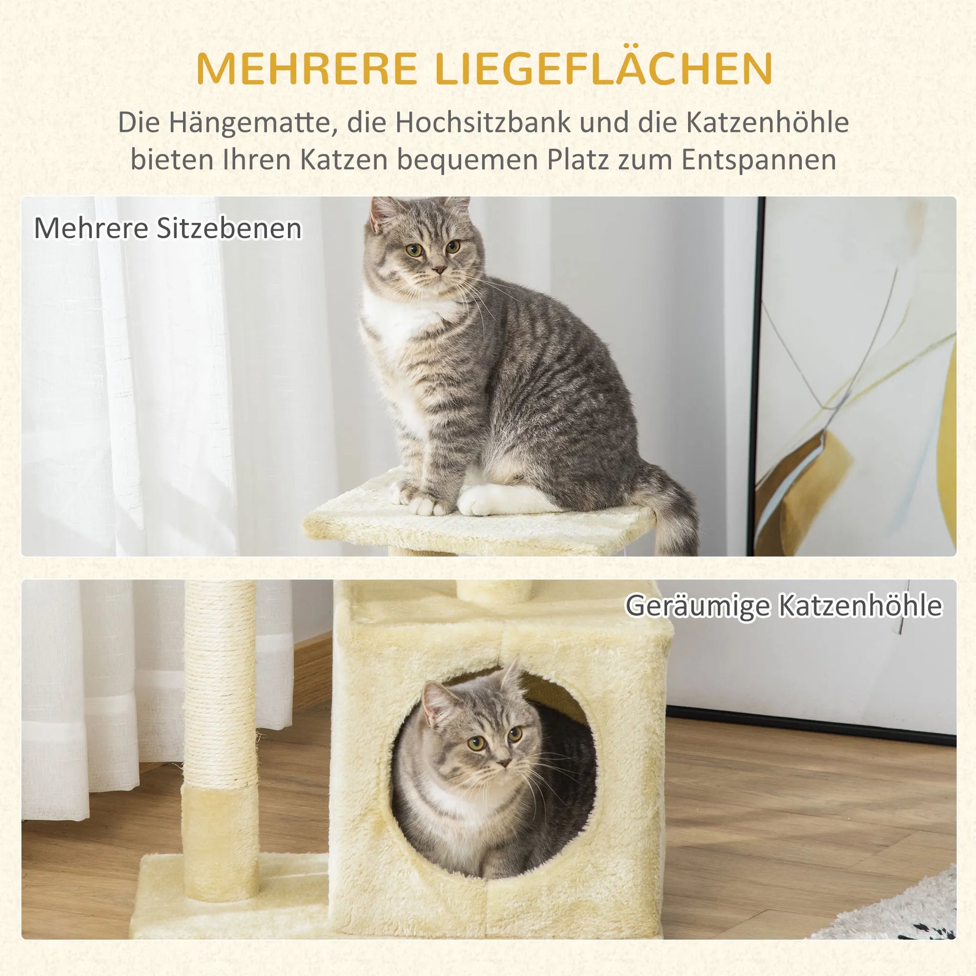 Tiragraffi beige PawHut per gatti alto 81,5 cm con cuccia morbida, tre piattaforme panoramiche e pali in sisal naturale per le unghie.