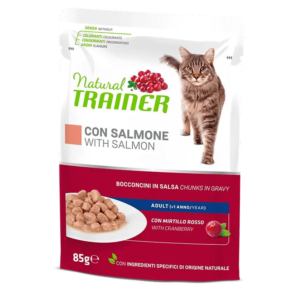 Bustina di alimento umido per gatti bocconcini di salmone in salsa Trainer da 85 g