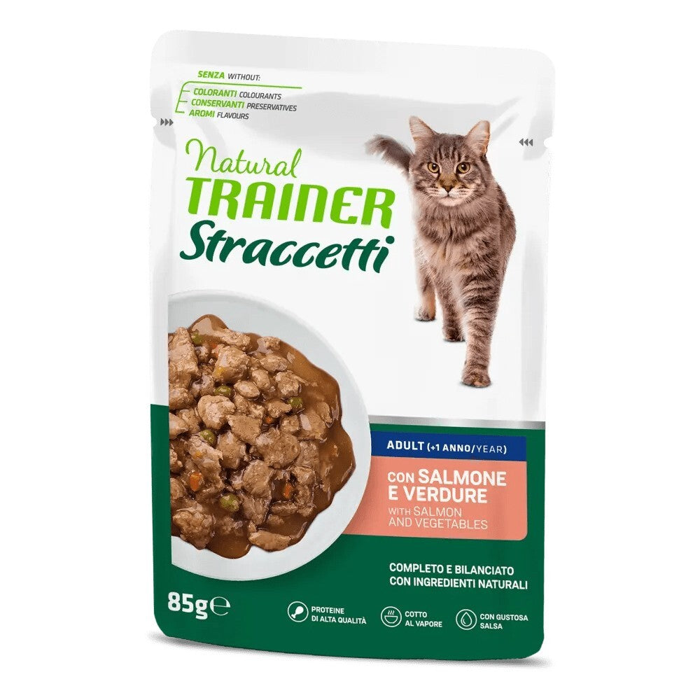 Bustina di alimento umido straccetti di salmone con verdure Trainer da 85 g