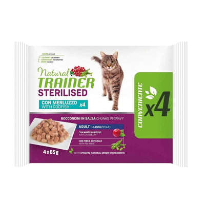 Confezione da 4 bustine da 85 g di alimento umido per gatti sterilizzati al Merluzzo Trainer