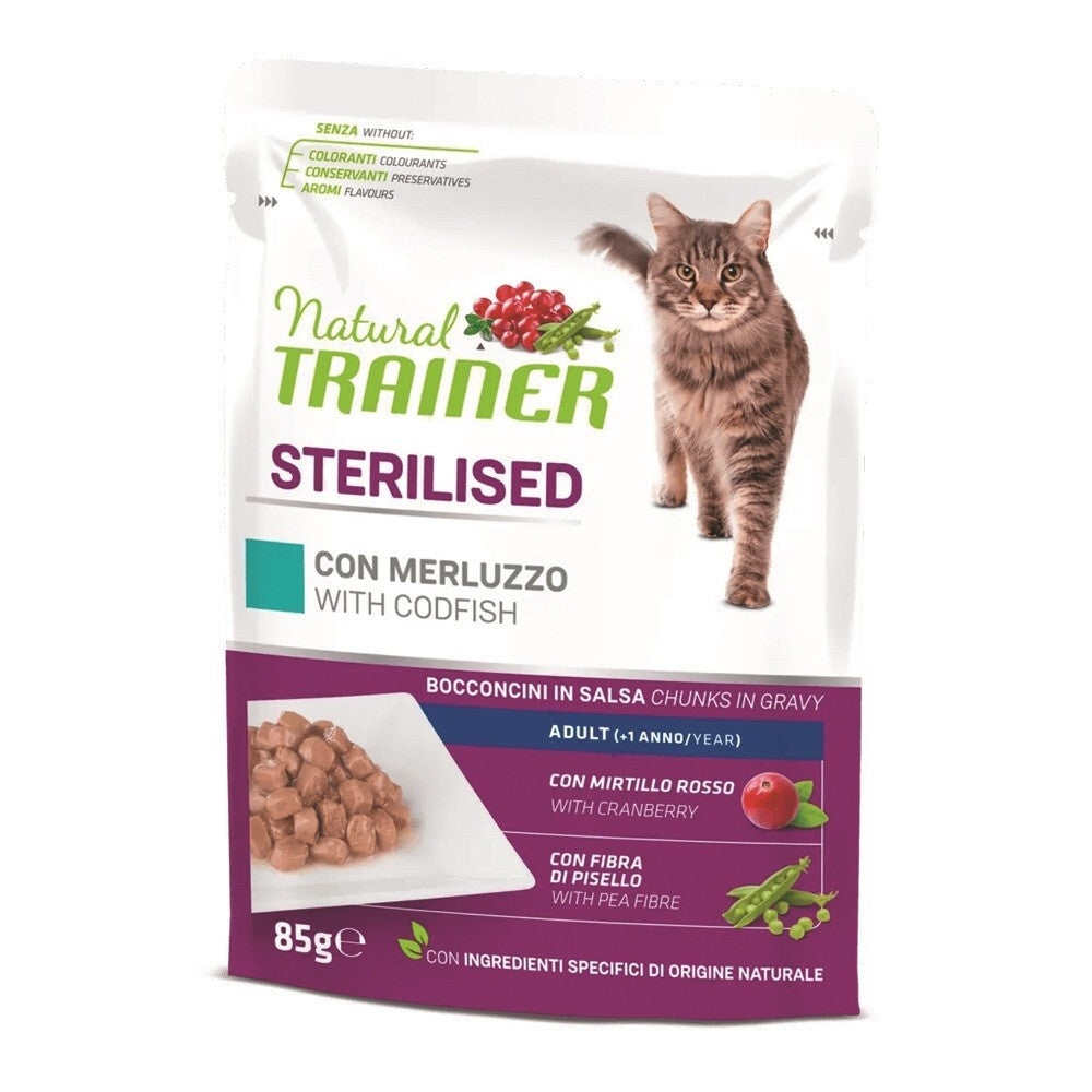 Confezione da 4 bustine da 85 g di alimento umido per gatti sterilizzati al Merluzzo Trainer