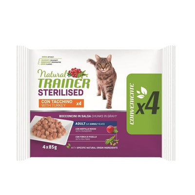 Confezione da 4 bustine di alimento umido al tacchino per gatti sterilizzati Trainer da 85 g cad.