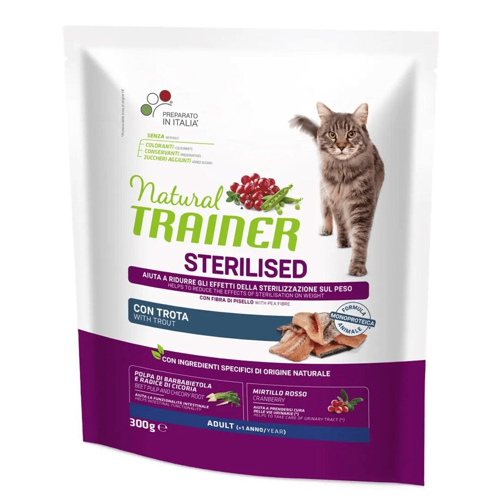 Busta di crocchette per gatti sterilizzati alla trota Trainer 300 g