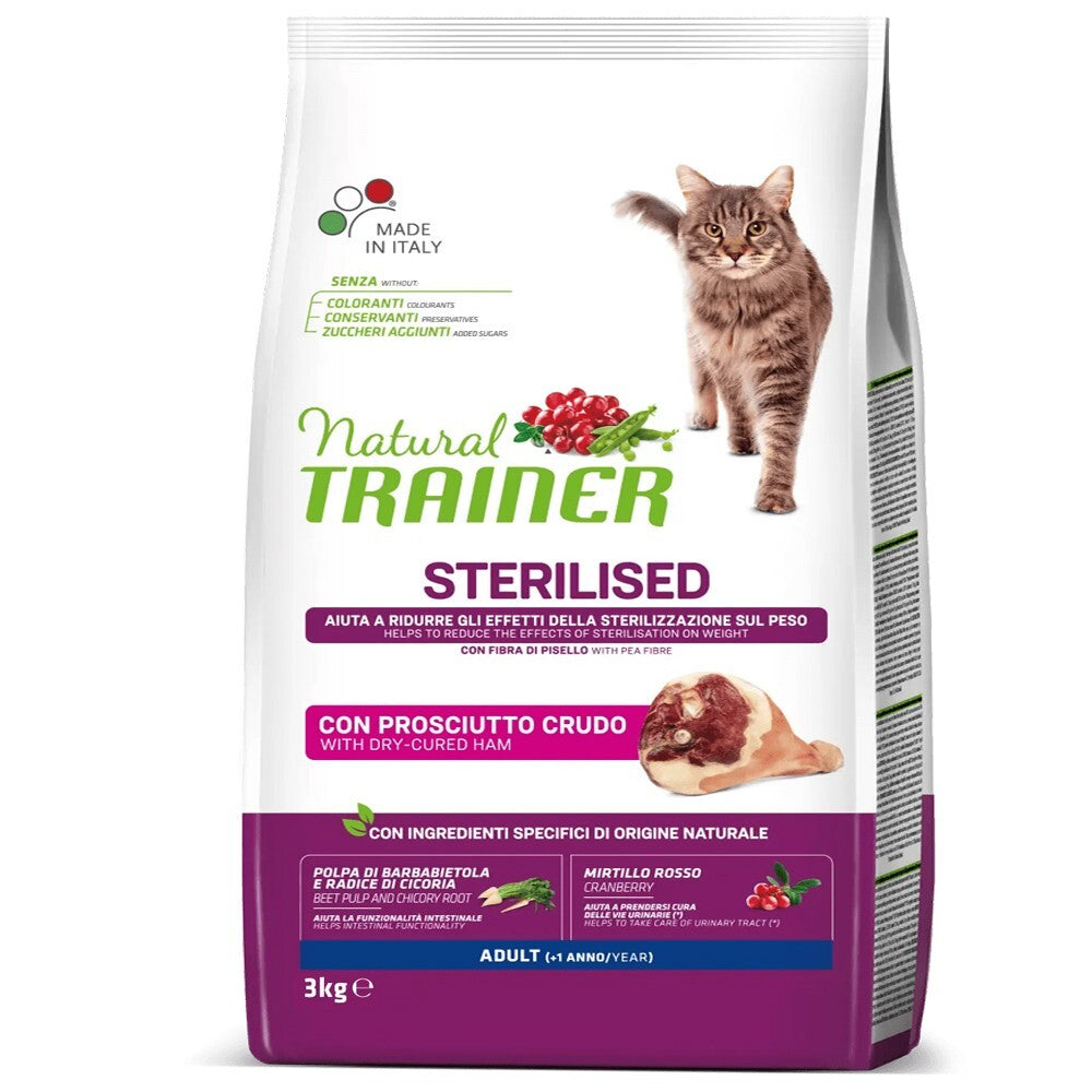 Busta di crocchette per gatti sterilizzati con prosciutto crudo Trainer 3 kg