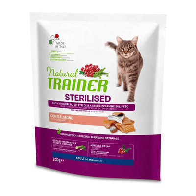 Busta di crocchette per gatti sterilizzati al salmone e mirtillo rosso Trainer da 300 g