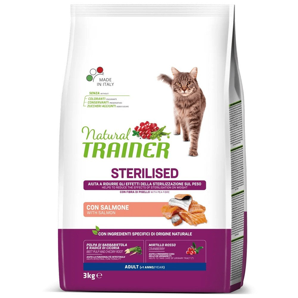 Busta di crocchette per gatti sterilizzati al salmone e mirtillo rosso Trainer da 3 kg