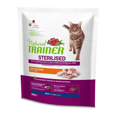 Busta di crocchette per gatti sterilizzati con salmone e mirtillo rosso Trainer da 300 g
