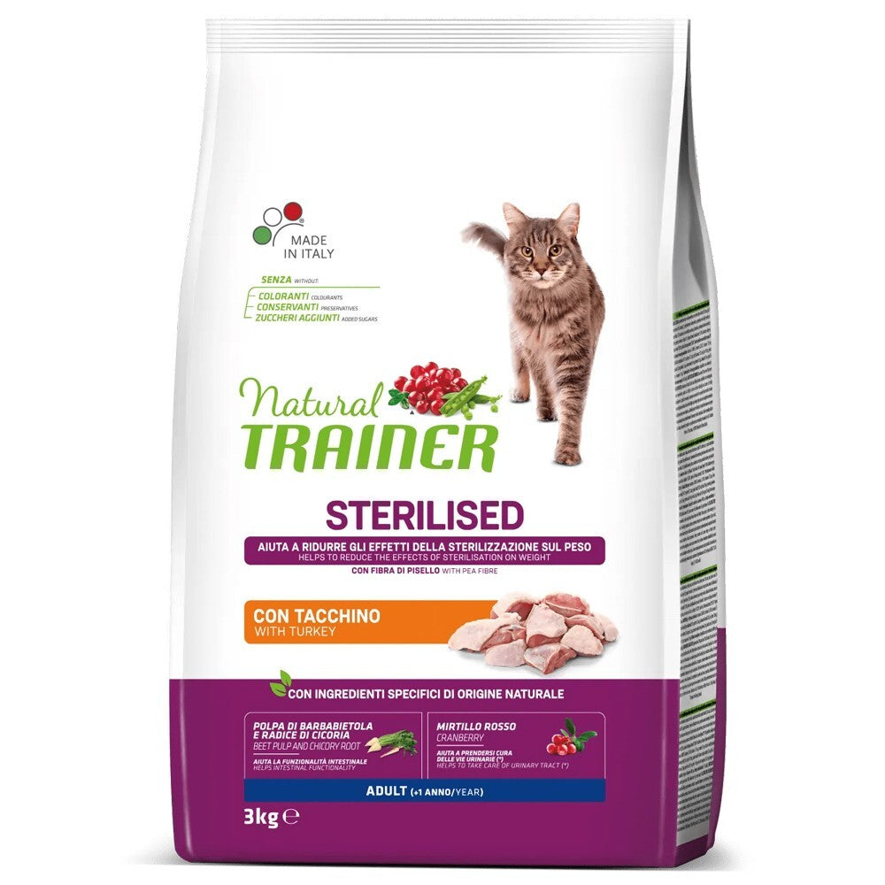 Busta di crocchette per gatti sterilizzati con salmone e mirtillo rosso Trainer 3 kg