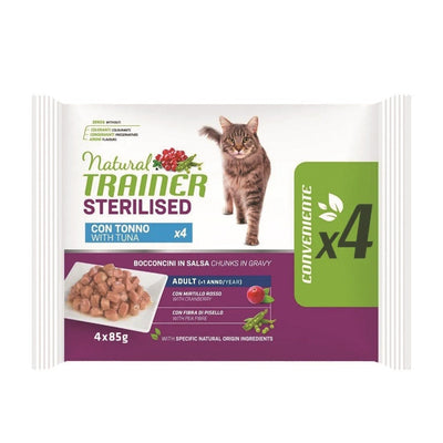 Confezione da 4 bustine di alimento umido per gatti sterilizzati al tonno Trainer da 85 g cadauno