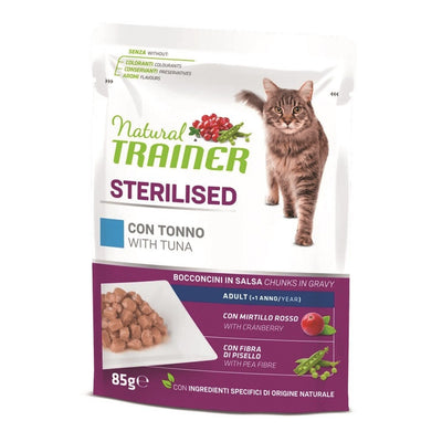 Confezione da 4 bustine di alimento umido per gatti sterilizzati al tonno Trainer da 85 g cadauno