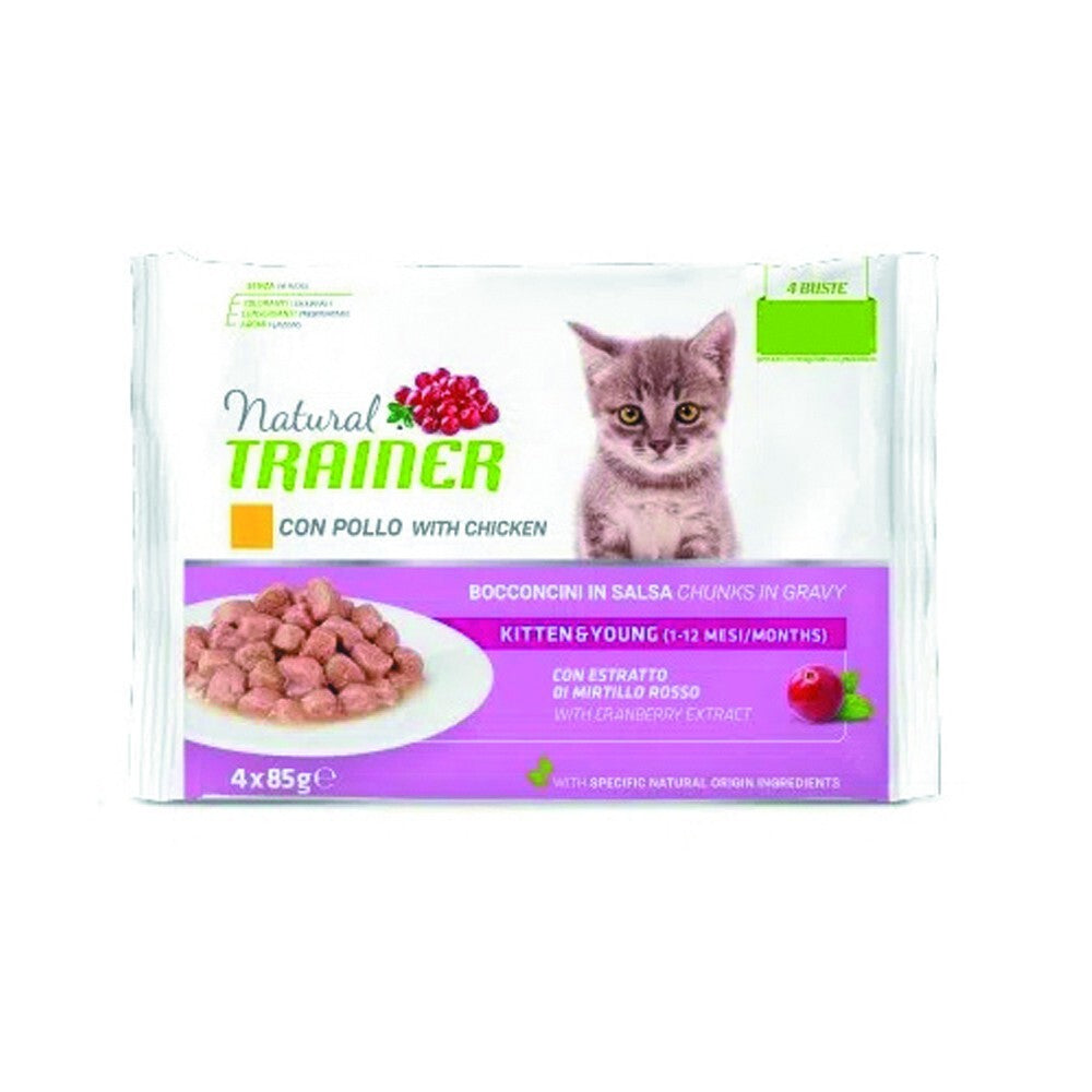Confezione da 4 bustine di alimento umido al pollo per gatti cuccioli al pollo Trainer da 85 g cad.