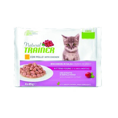 Confezione da 4 bustine di alimento umido al pollo per gatti cuccioli al pollo Trainer da 85 g cad.