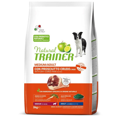 Busta di crocchette per cani di taglia media al prosciutto crudo Trainer da 3 kg