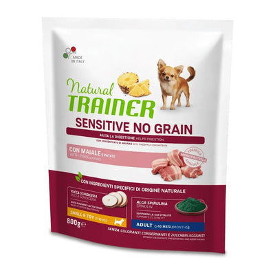 Busta di crocchette per cani di taglia piccola al maiale Trainer Sensitive No Grain 800 g