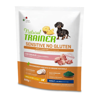 Busta di crocchette per cani di taglia piccola con maiale Trainer Sensitive da 800 g