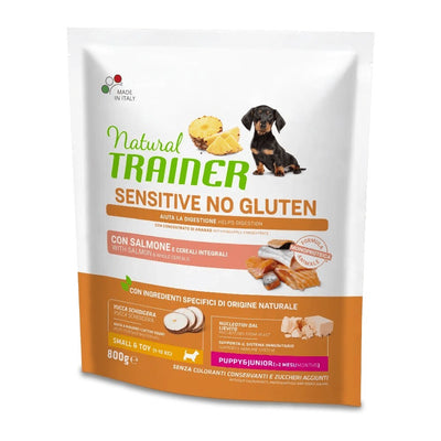 Busta di crocchette per cani cuccioli di taglia piccola al salmone Trainer Sensitive da 800 g