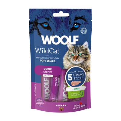 Confezione da 5 bustine da 14g cad. di snack liquido per gatti con anatra e erba gatta marca Woolf