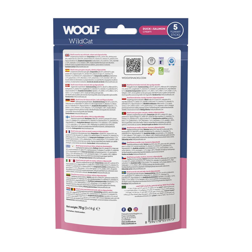Confezione da 5 bustine cad. di snack liquido per gatti all'anatra con salmone marca Woolf
