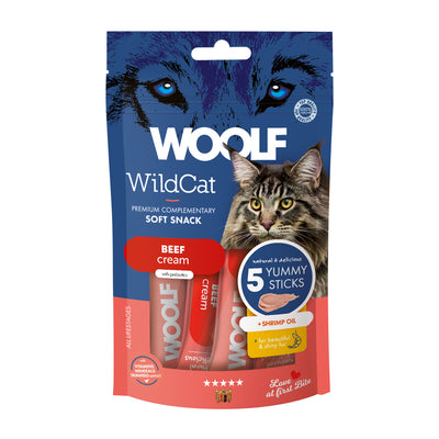 Confezione da 5 bustine da 14g cad. di snack liquido per gatti al Manzo con olio di gamberi marca Woolf