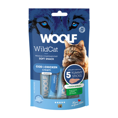 Confezione da 5 bustine da 14g cad. di snack liquido per gatti con merluzzo pollo ed estratto di Yucca marca Woolf