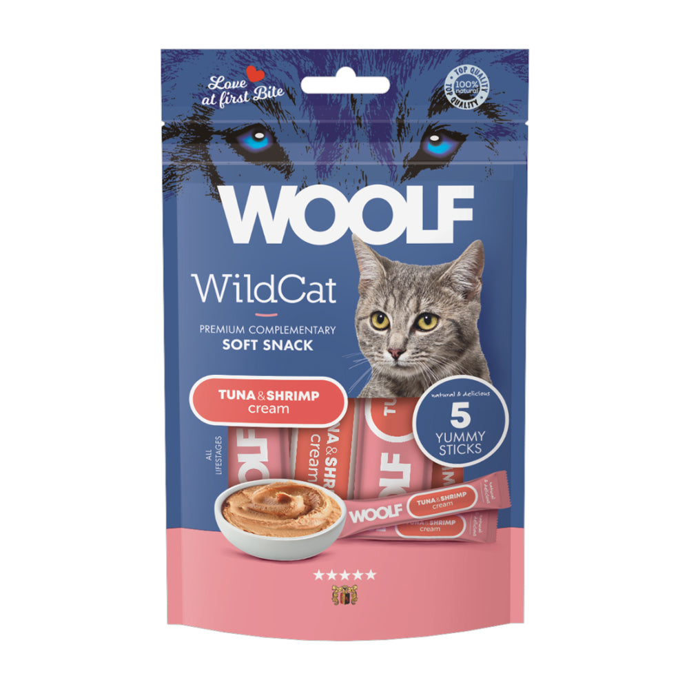 Confezione da 5 bustine da 14g cad. di snack liquido per gatti con tonno e gamberi marca Woolf