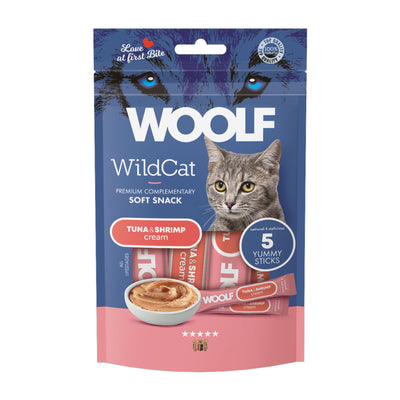 Confezione da 5 bustine da 14g cad. di snack liquido per gatti con tonno e gamberi marca Woolf