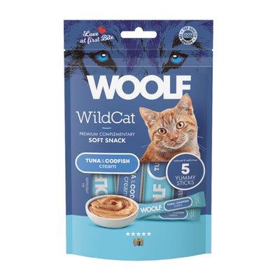 Confezione da 5 bustine da 14g cad. di snack liquidi per gatti al tonno e merluzzo marca Woolf