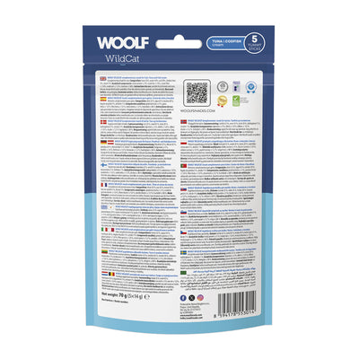 Confezione da 5 bustine da 14g cad. di snack liquidi per gatti al tonno e merluzzo marca Woolf