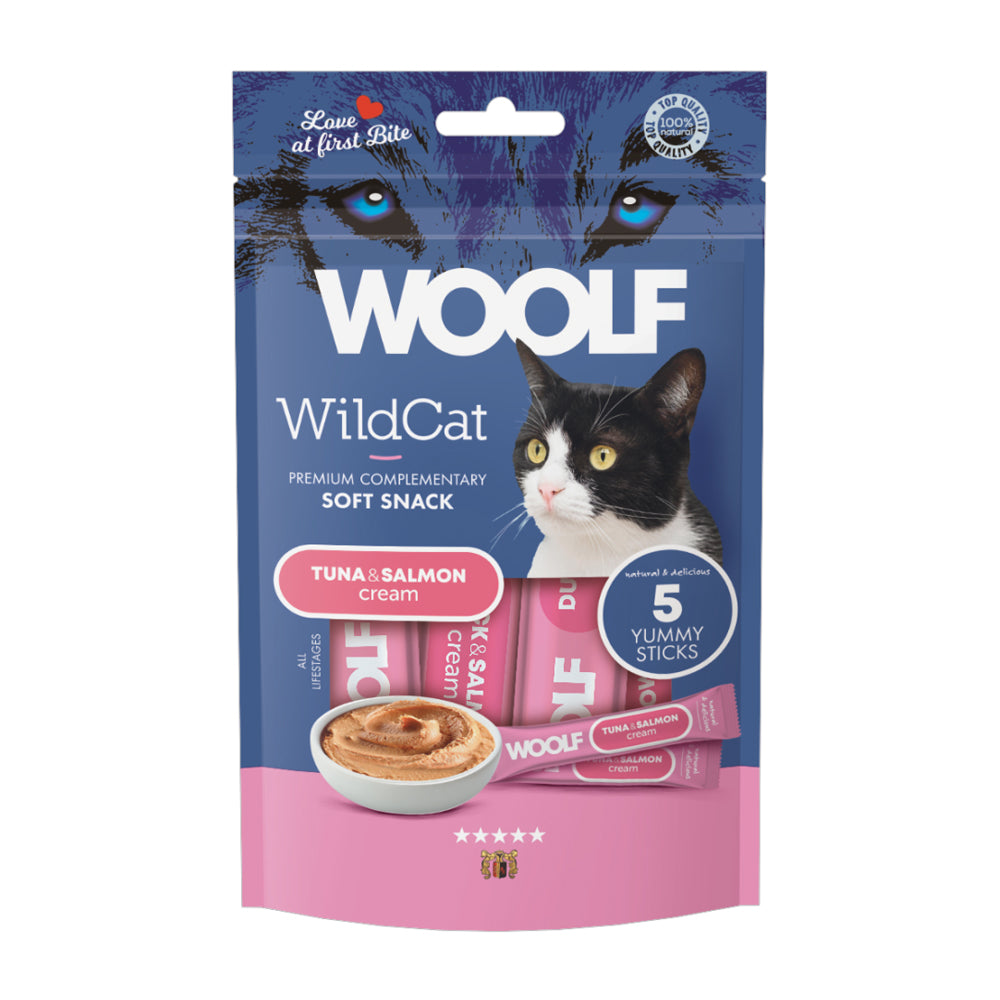 Confezione da 5 bustine da 14g cad. di snack liquido per gatti al Tonno e salmone marca Woolf