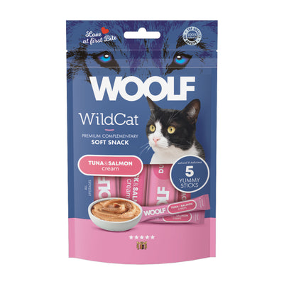 Confezione da 5 bustine da 14g cad. di snack liquido per gatti al Tonno e salmone marca Woolf