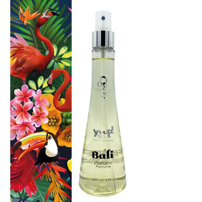 Flacone spray da 250ml di Yuup Profumo Bali per cani e gatti, fragranza tropicale con estratti di frangipani e lime, linea grooming professionale Yuup