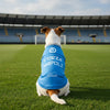 Maglietta blu azzurra per cani con scritta Forza Napoli e logo N bianca, abbigliamento sportivo per animali domestici tifosi del Napoli.