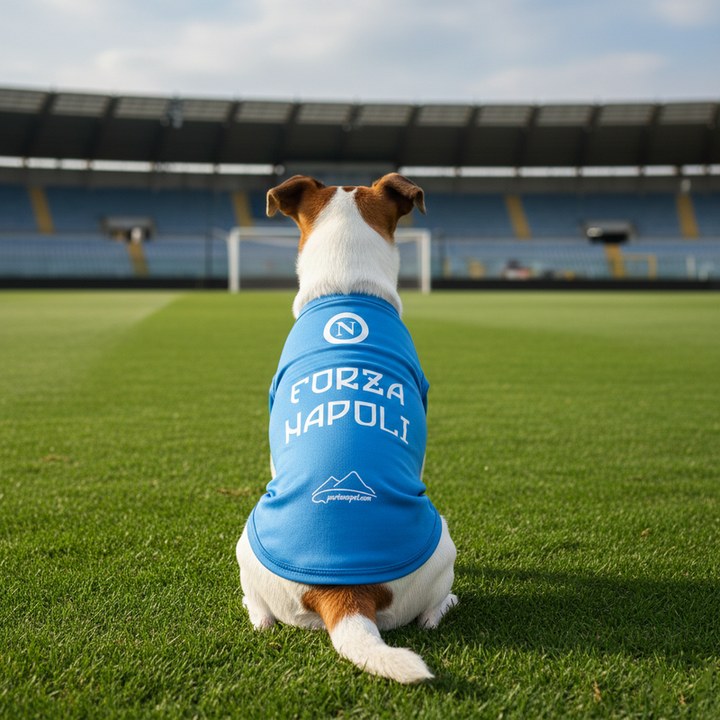 Maglietta blu azzurra per cani con scritta Forza Napoli e logo N bianca, abbigliamento sportivo per animali domestici tifosi del Napoli.