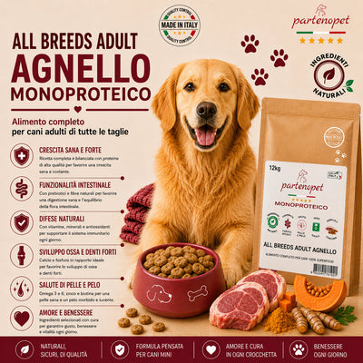 Partenopet Adult All Breeds Monoproteico Agnello e Zucca Crocchette per Cani 100% Naturali 12 kg - Partenopet