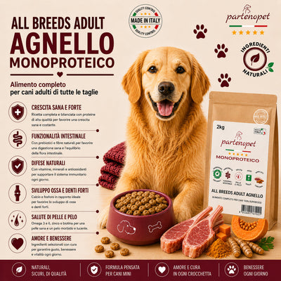 Partenopet Adult All Breeds Monoproteico Agnello e Zucca Crocchette per Cani 100% Naturali 2 kg - Partenopet