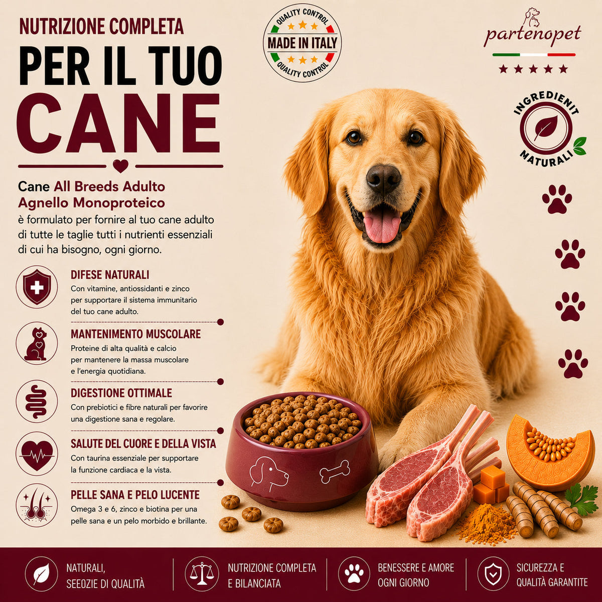 Partenopet Adult All Breeds Monoproteico Agnello e Zucca Crocchette per Cani 100% Naturali 2 kg - Partenopet