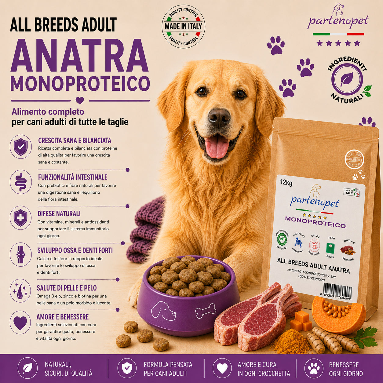Partenopet Adult All Breeds Mono Anatra e Zucca Crocchette per Cani 100% Naturali 12 kg - Partenopet
