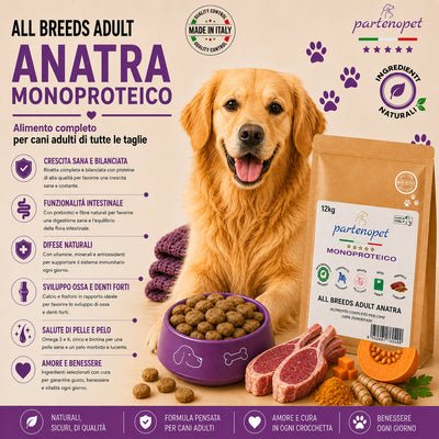 Partenopet Adult All Breeds Mono Anatra e Zucca Crocchette per Cani 100% Naturali 12 kg - Partenopet