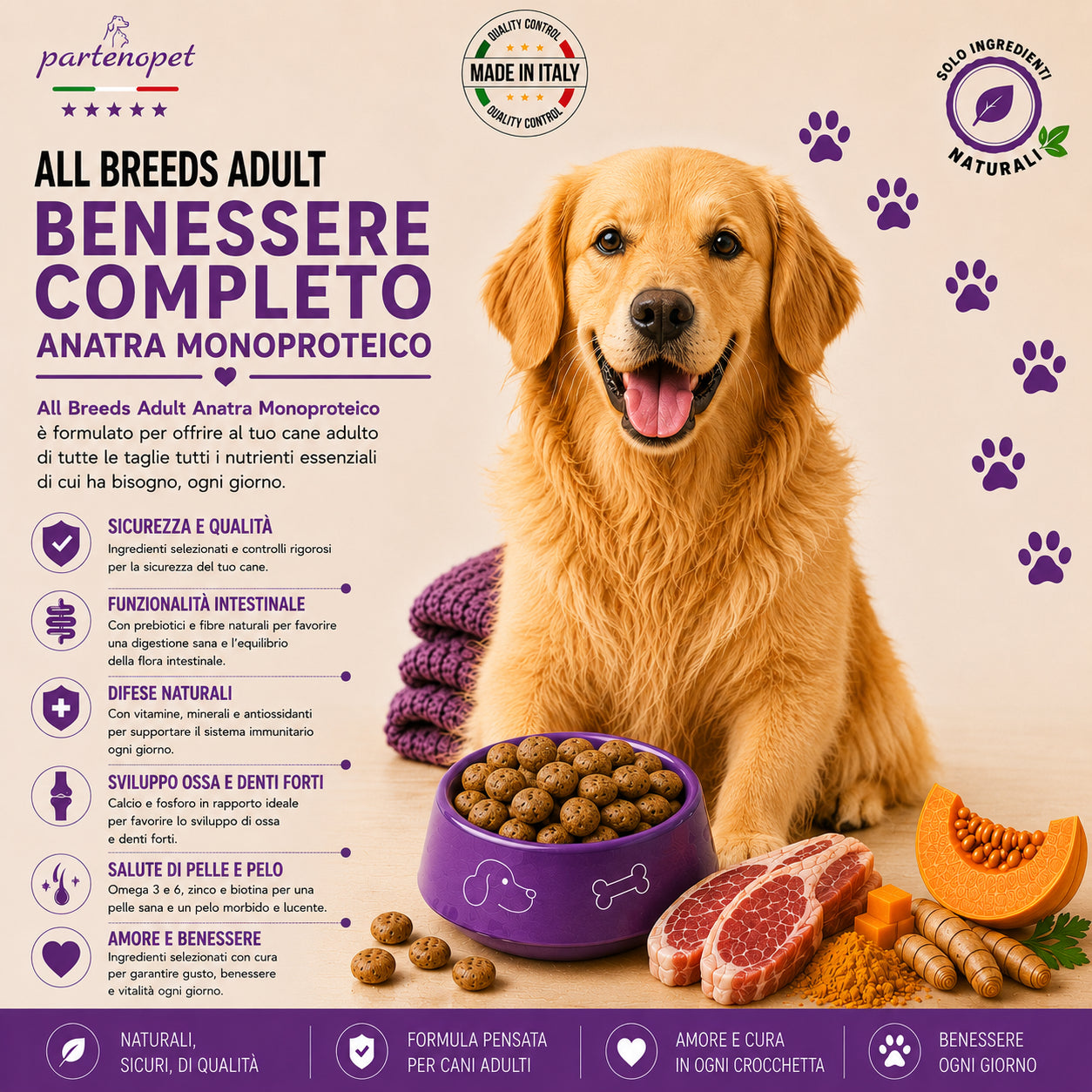 Partenopet Adult All Breeds Mono Anatra e Zucca Crocchette per Cani 100% Naturali 12 kg - Partenopet