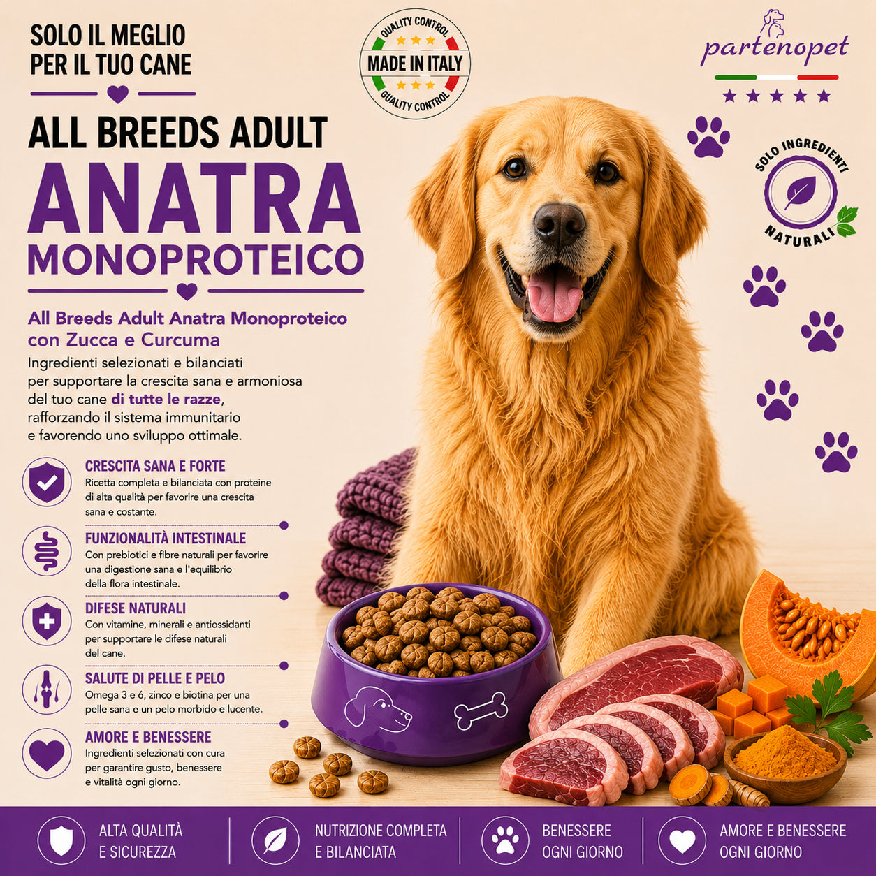Partenopet Adult All Breeds Mono Anatra e Zucca Crocchette per Cani 100% Naturali 12 kg - Partenopet