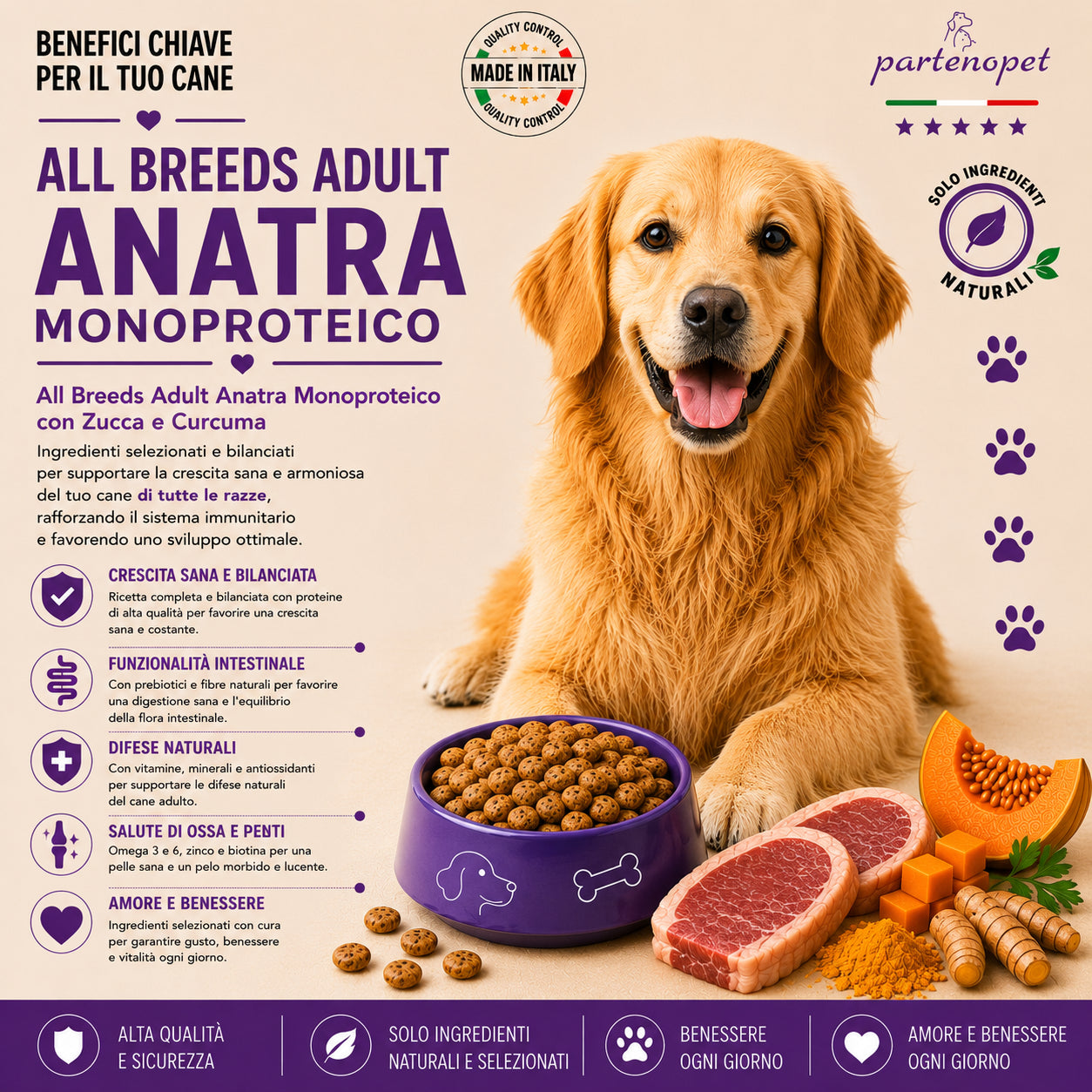 Partenopet Adult All Breeds Mono Anatra e Zucca Crocchette per Cani 100% Naturali 12 kg - Partenopet