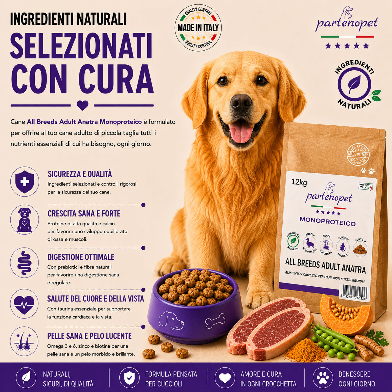 Partenopet Adult All Breeds Mono Anatra e Zucca Crocchette per Cani 100% Naturali 12 kg - Partenopet